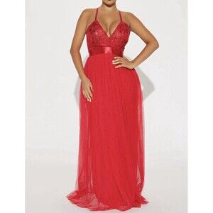 Fashion Nova Women’s Let's Dance Tulle Maxi Dress - Red Size S V Neck • X Back